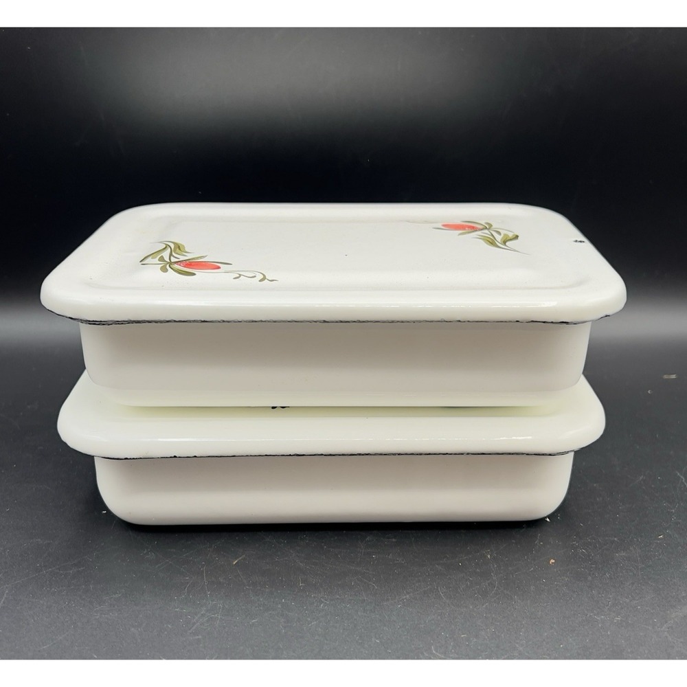 VTG White Floral‎ Design Enamelware Refrigerator Box w/ Lid 7x5x2 Farmhouse